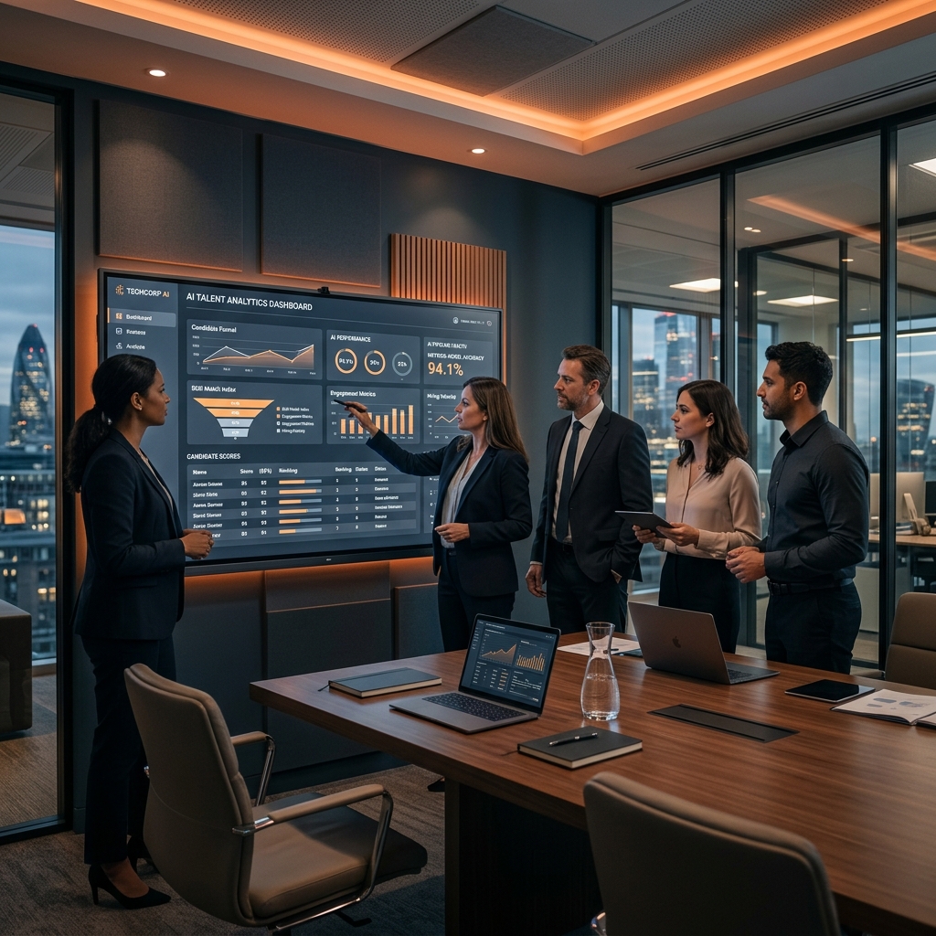 Modern UK business team reviewing candidate shortlists